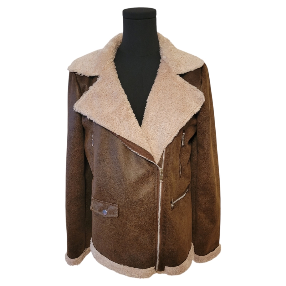 Miss London Faux Leather and Shearling Aviator Jacket Size Medium